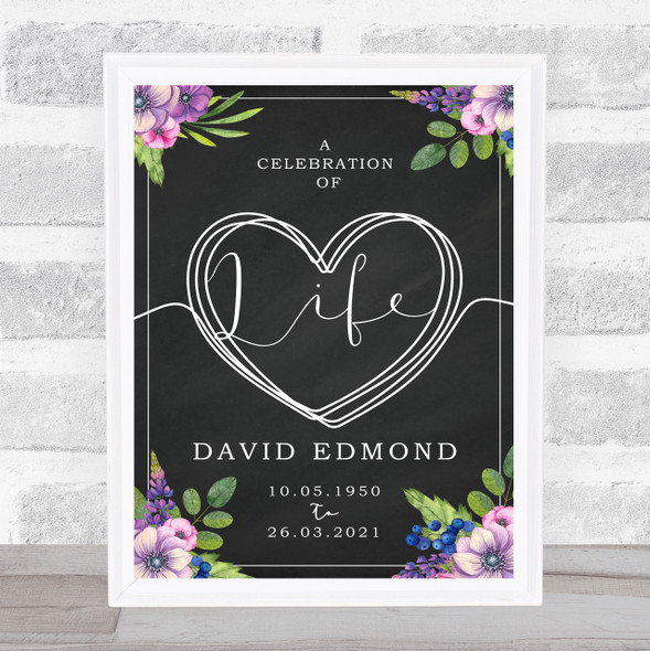 Purple Bouquet & Chalk A Celebration Of Life Heart Funeral Personalized Sign