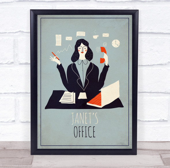 Abstract Woman In Office Red Phone At Desk Laptop Room Personalized Art Sign