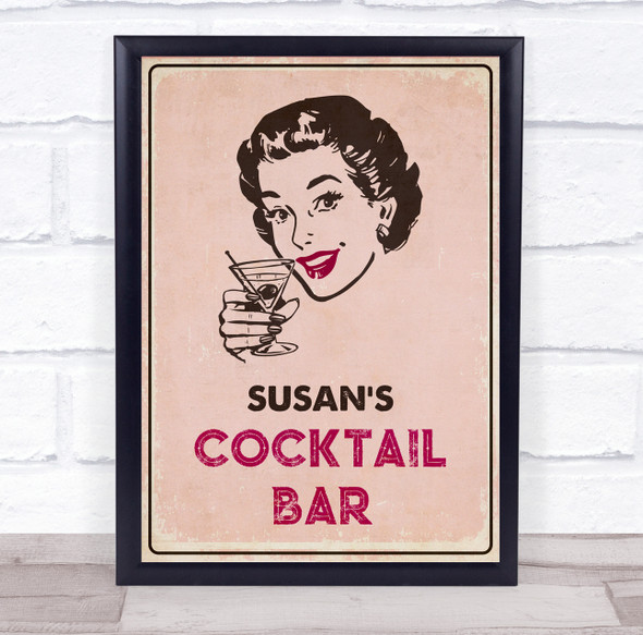 Retro Happy Woman Pink Drink Cocktail Bar Version Room Personalized Art Sign