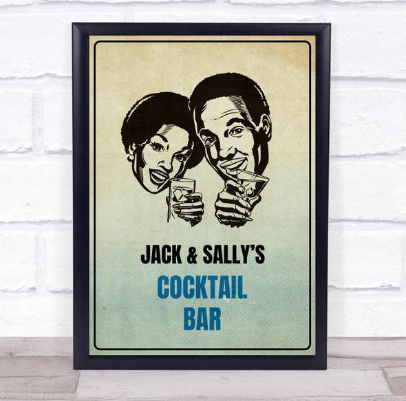 Vintage Couple Blue Cocktail Bar Version Room Personalized Wall Art Sign