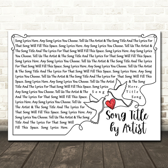 Line Art Doves & Heart Any Song Lyric Personalized Music Wall Art Print