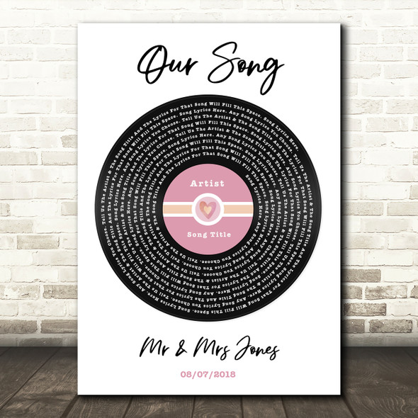 Pink Heart Vinyl Record Label Any Song Lyric Personalized Music Wall Art Print