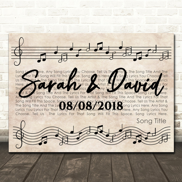 Vintage Landscape Music Notes Script Any Song Lyric Personalized Music Art Print