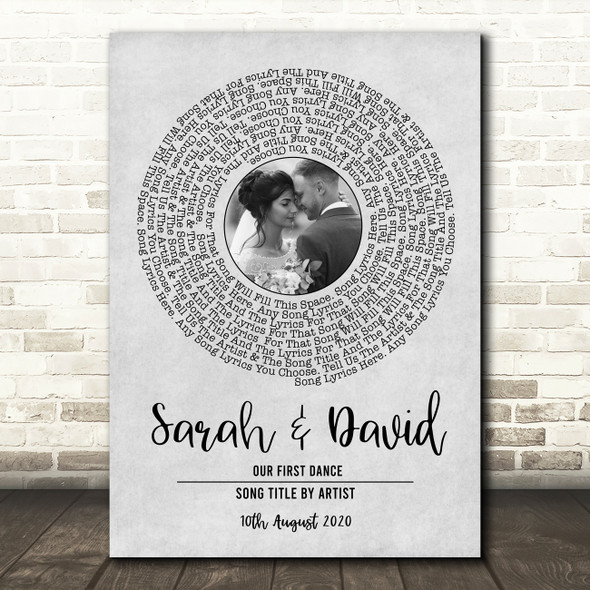 Grey Vinyl Record Wedding First Dance Photo Any Song Lyric Wall Art Print