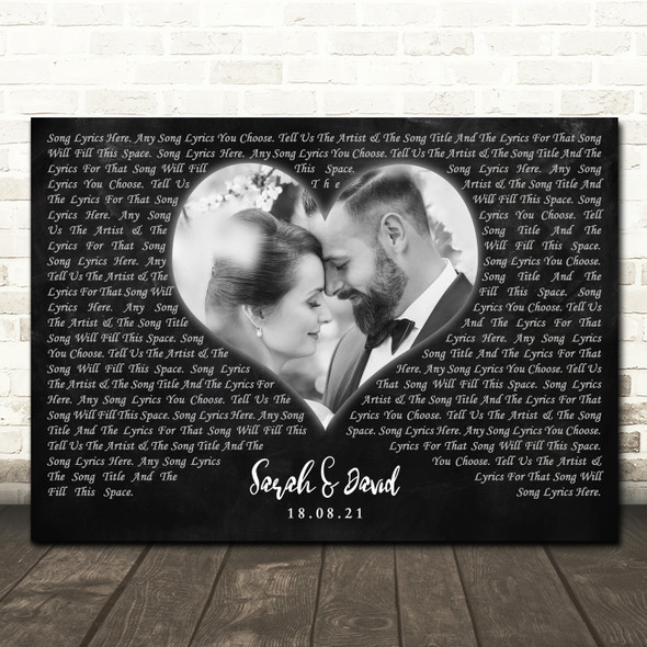 Landscape Black Heart Wedding Photo Any Text Any Song Lyric Wall Art Print