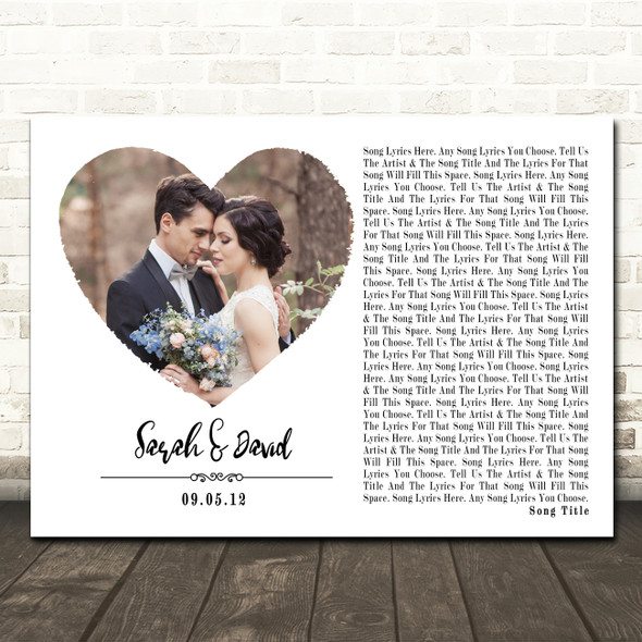 White Landscape Script Heart Wedding Photo Any Song Lyric Wall Art Print