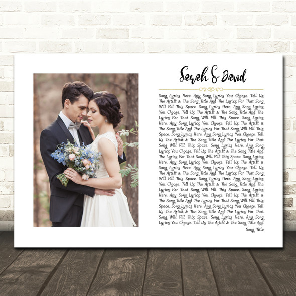 White Landscape Script Rectangle Wedding Photo Any Song Lyric Wall Art Print