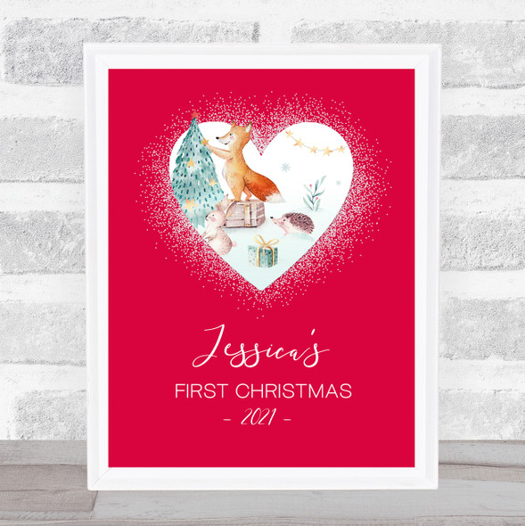Personalized First Christmas Heart Glitter Red Animals Tree Event Sign Print