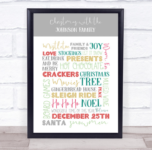Personalized Family Christmas Typographic White and Grey Event Sign Print