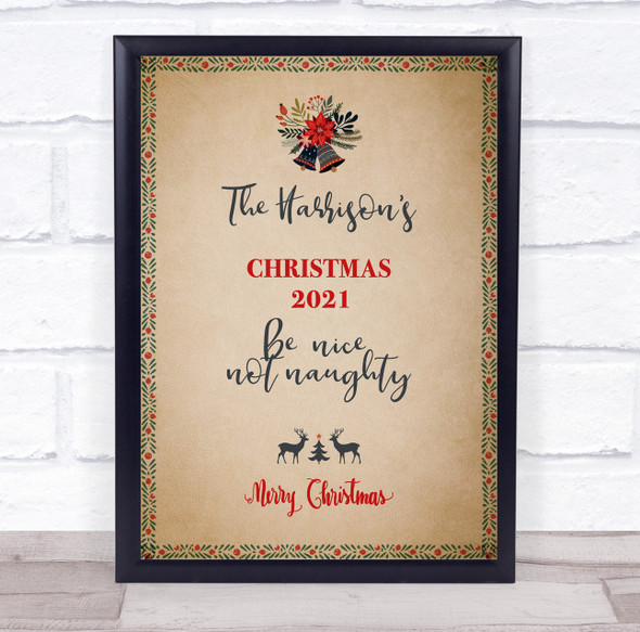 Personalized Family Name Be Nice Not Naughty Christmas Event Sign Print
