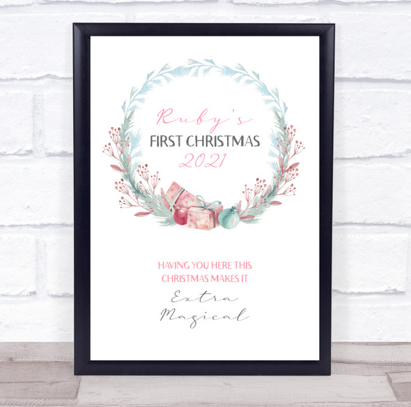 Personalized First Christmas Wreath White Event Sign Wall Art Print