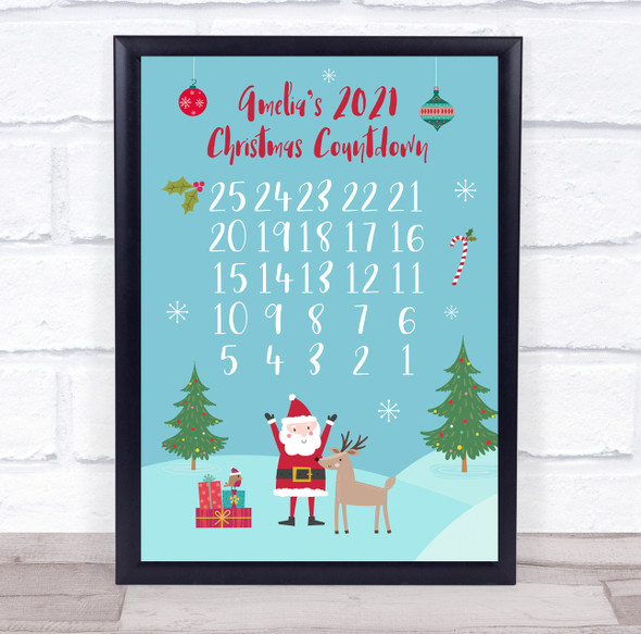 Personalized Countdown to Christmas Blue Event Sign Wall Art Print