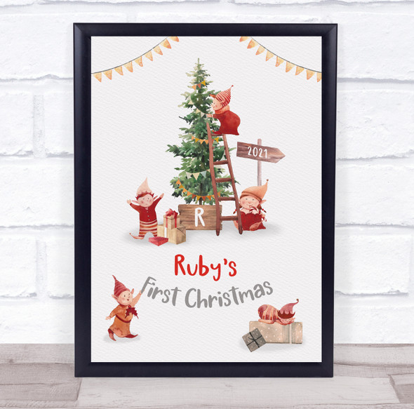 Personalized Baby First Christmas Elves Event Sign Wall Art Print