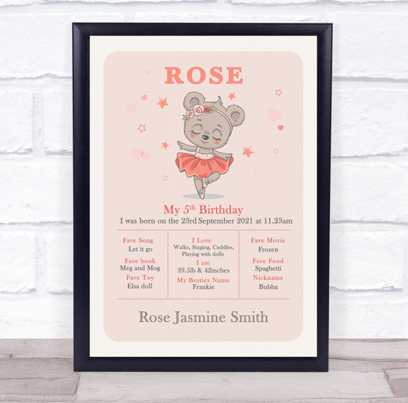 Any Age Birthday Favourite Things Interests Milestones Ballerina Bear Gift Print