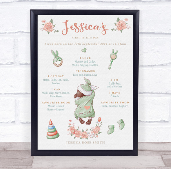 1st Birthday First Year Baby Milestones Achievements Interests Dark Skin Print