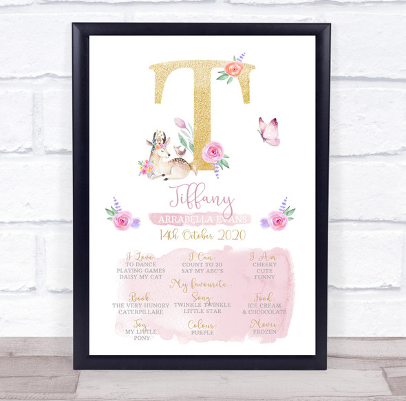 Any Age Birthday Favourite Things Interests Milestones Initial T Gift Print