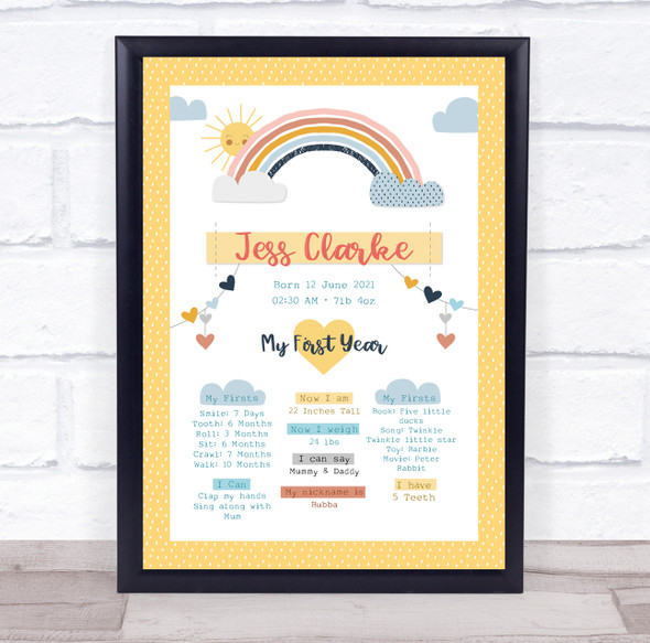 1st Birthday First Year Baby Milestones Interests Yellow Rainbow Print