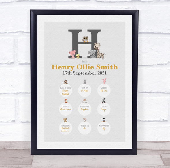 New Baby Birth Details Christening Nursery Animals Initial H Keepsake Gift Print