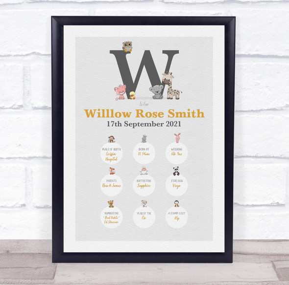 New Baby Birth Details Christening Nursery Animals Initial W Keepsake Gift Print