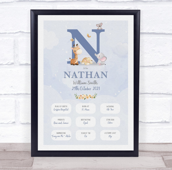 New Baby Birth Details Christening Nursery Blue Initial N Keepsake Gift Print