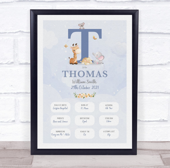 New Baby Birth Details Christening Nursery Blue Initial T Keepsake Gift Print