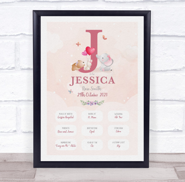 New Baby Birth Details Christening Nursery Pink Initial J Keepsake Gift Print