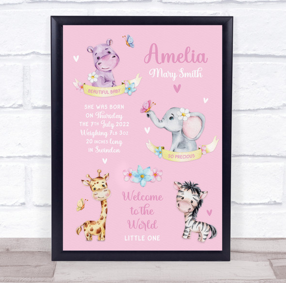 New Baby Birth Details Nursery Christening Pink Jungle Animals Gift Print