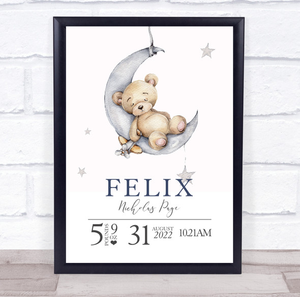 Birth Details Nursery Christening New Baby Teddy Moon Keepsake Gift Print
