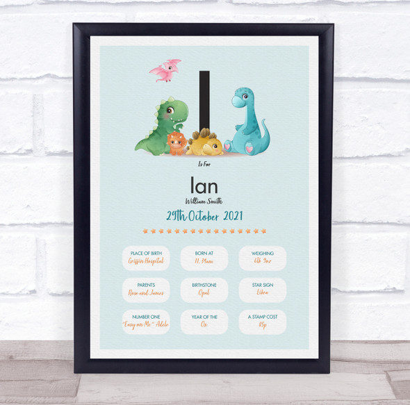 New Baby Birth Details Christening Nursery Dinosaur Initial I Gift Print