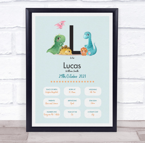 New Baby Birth Details Christening Nursery Dinosaur Initial L Gift Print