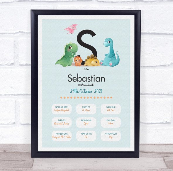 New Baby Birth Details Christening Nursery Dinosaur Initial S Gift Print