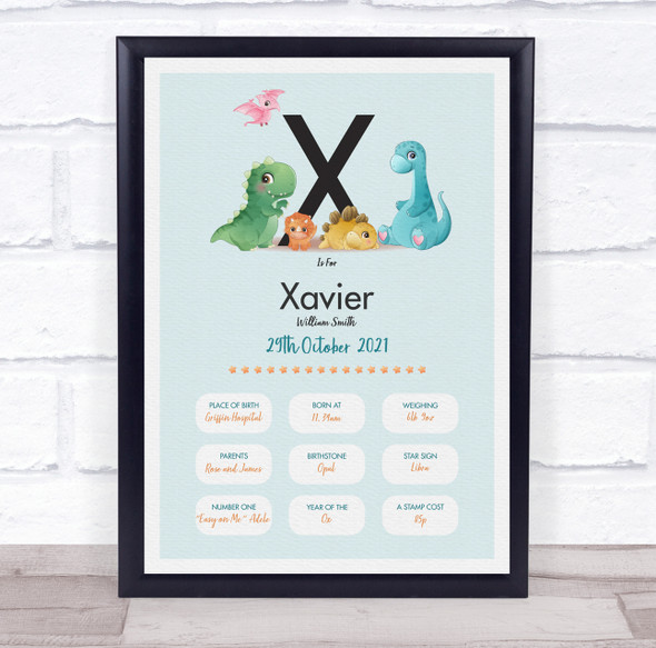 New Baby Birth Details Christening Nursery Dinosaur Initial X Gift Print