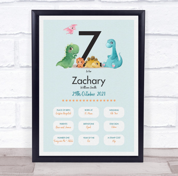 New Baby Birth Details Christening Nursery Dinosaur Initial Z Gift Print