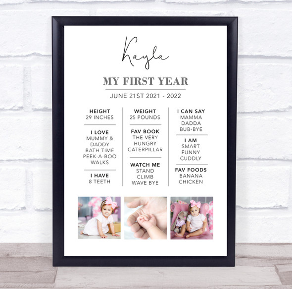 1st Birthday First Year Milestones & Interests 3 Photos Gift Print