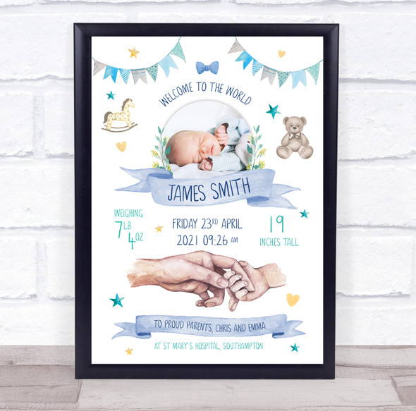 New Baby Birth Details Nursery Christening Banner Blue Photo Keepsake Gift Print