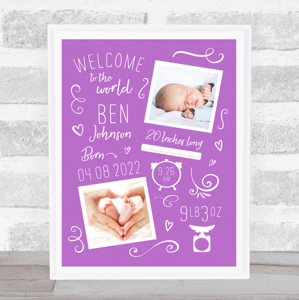 New Baby Birth Details Typographic Doodle 2 Photos Purple Keepsake Gift Print