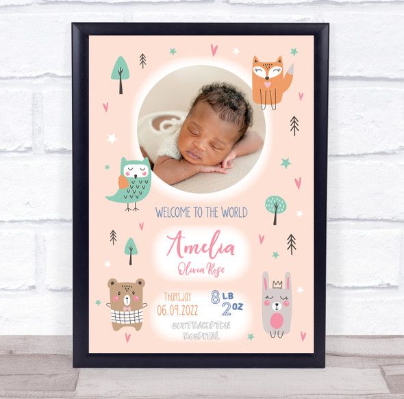 New Baby Birth Details Nursery Christening Woodland Animals Photo Gift Print