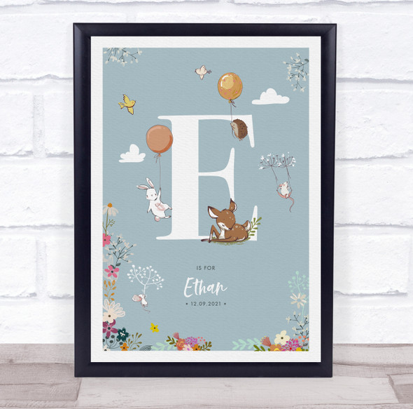 New Baby Birth Details Christening Nursery Woodland Animals Initial E Gift Print