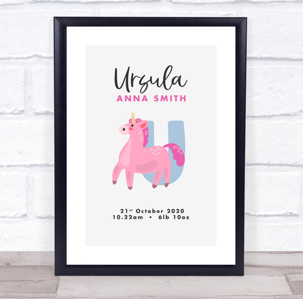 New Baby Birth Details Christening Nursery Initial U Unicorn Keepsake Gift Print