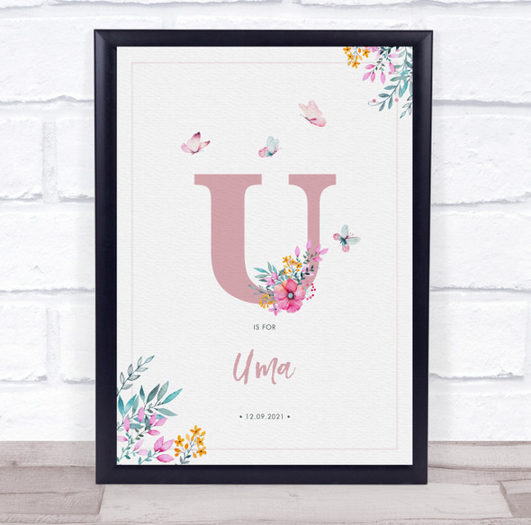 Pink Initial U Watercolour Flowers Baby Birth Details Nursery Christening Print