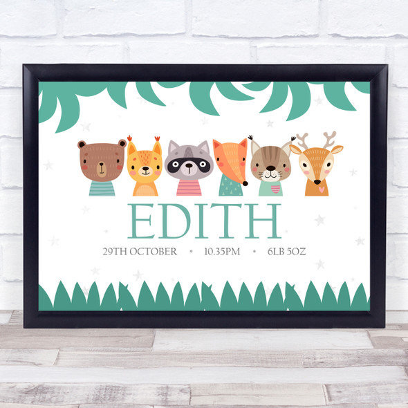 New Baby Birth Details New-born Christening Nursery Animals Keepsake Gift Print