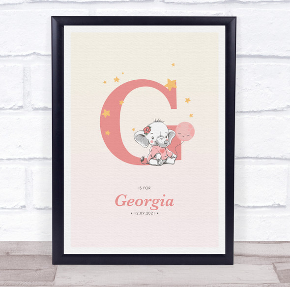 Pink Baby Girl Elephant Initial G Baby Birth Details Nursery Christening Print