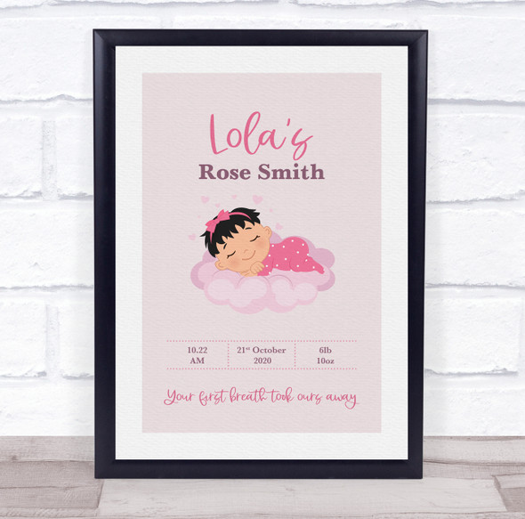 New Baby Birth Details Christening Nursery Black Hair Girl Keepsake Gift Print