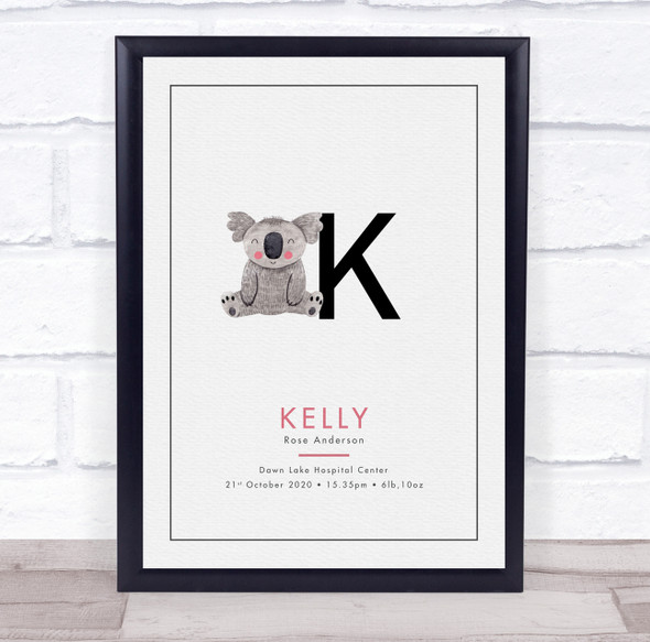 New Baby Birth Details Christening Nursery Initial Koala K Keepsake Gift Print