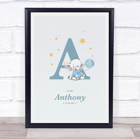 New Baby Birth Details Christening Nursery Blue Elephant Initial A Gift Print