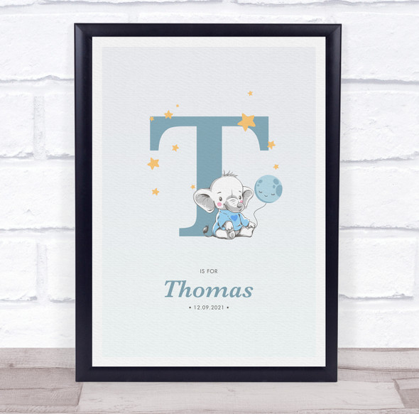 New Baby Birth Details Christening Nursery Blue Elephant Initial T Gift Print