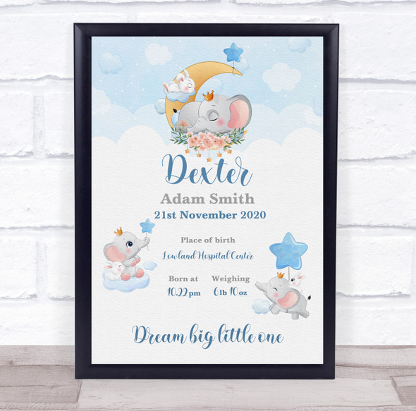 New Baby Birth Details Christening Nursery Baby Elephants Keepsake Gift Print