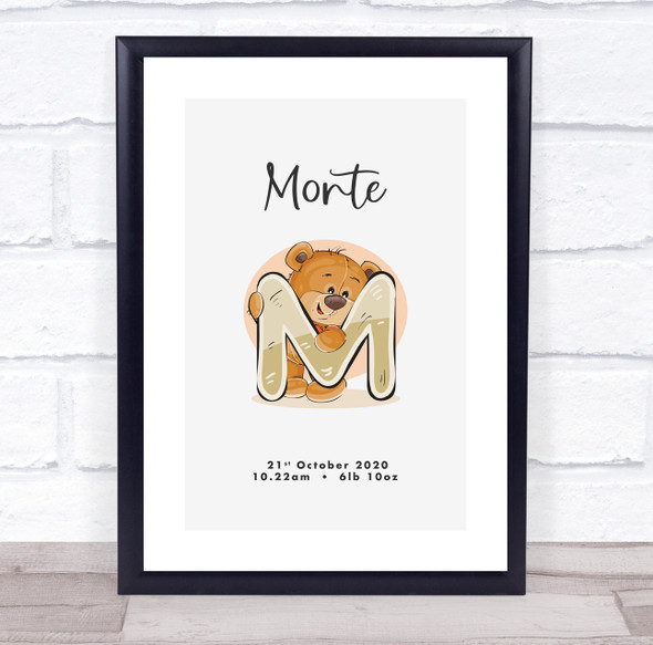 New Baby Birth Details Christening Nursery Bear Initial M Keepsake Gift Print