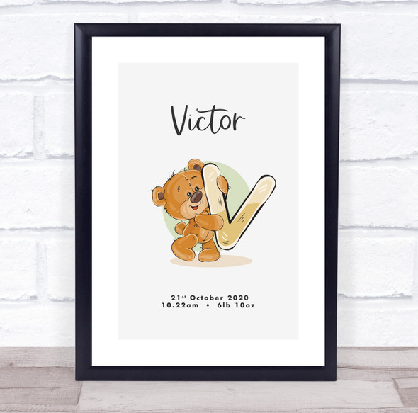 New Baby Birth Details Christening Nursery Bear Initial V Keepsake Gift Print