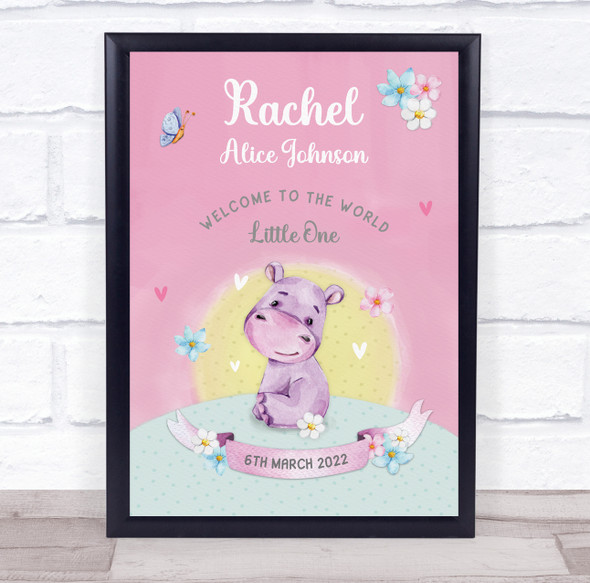 Hippo New Baby Birth Details New-born Nursery Christening Keepsake Gift Print